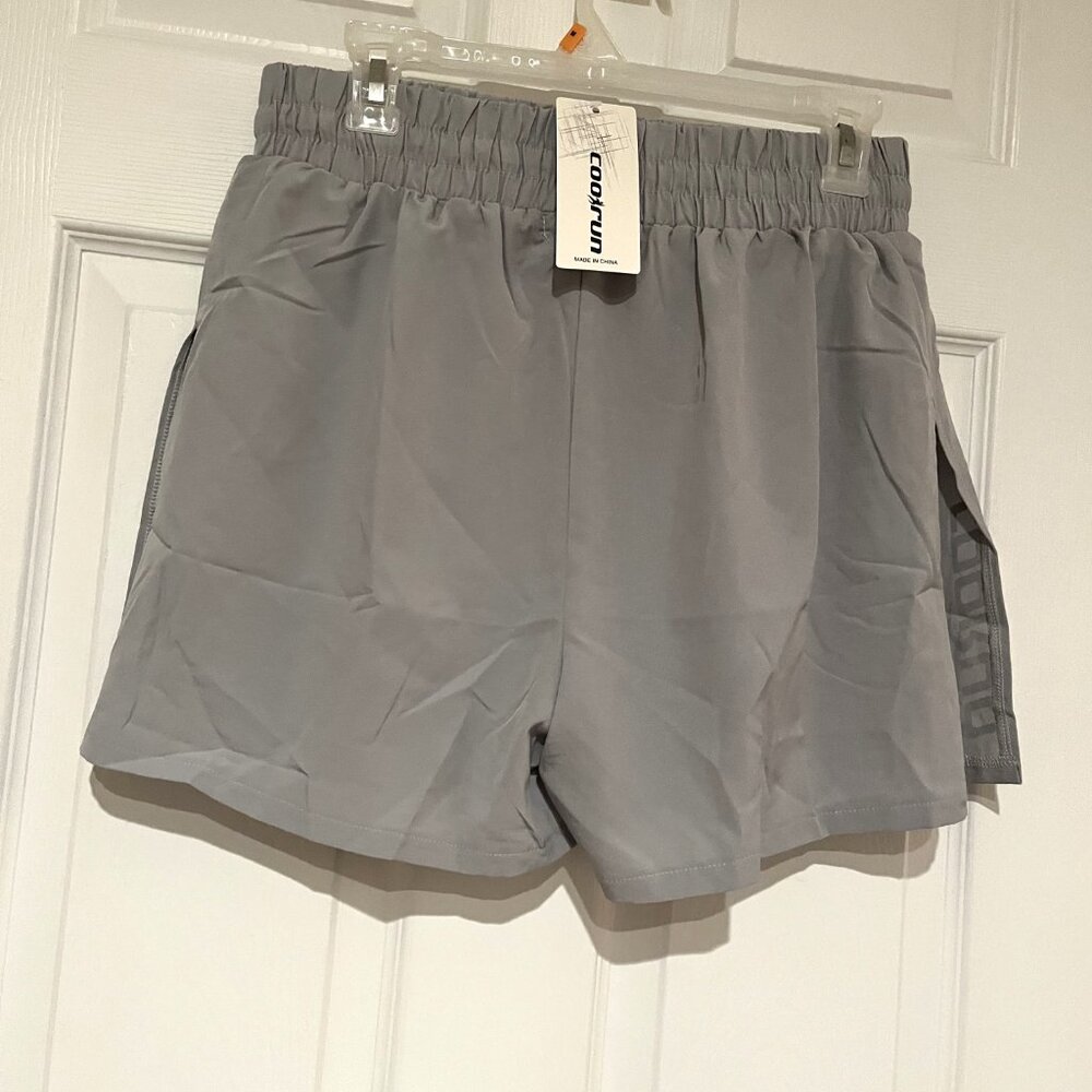 NWT LADIES SIZE L COOL RUN GRAY GREY DOUBLE LAYER ELASTIC WAIST SHORTS